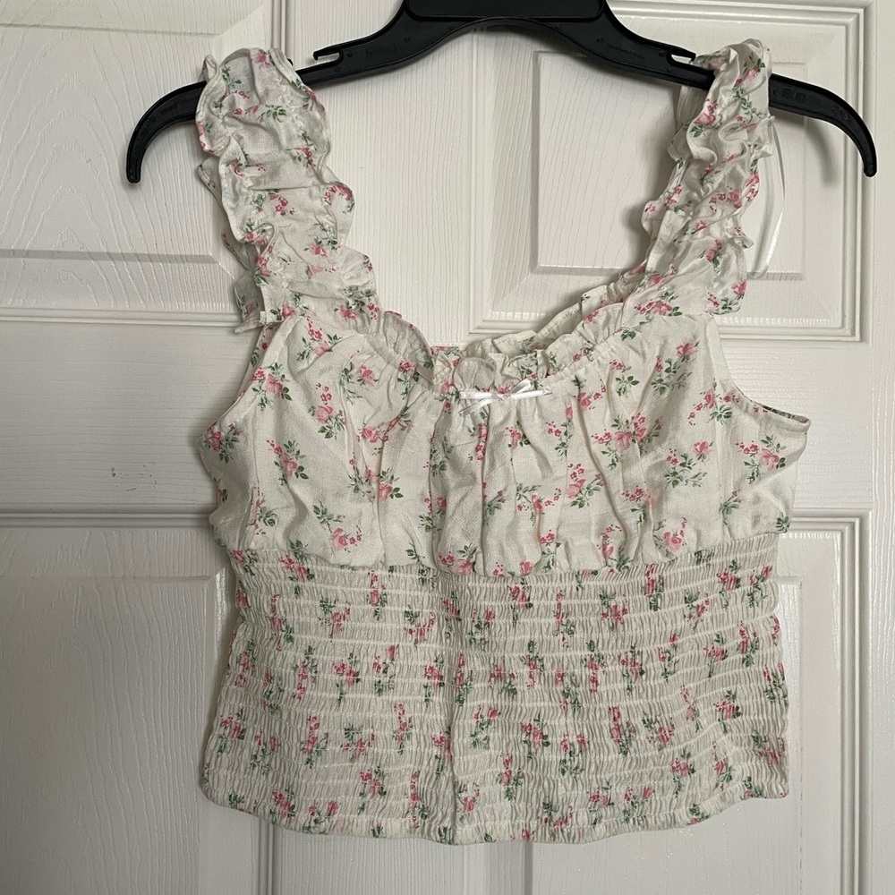 Chic Floral Ruffle Crop Top Blouse - Ivory White and Pink Dainty Floral